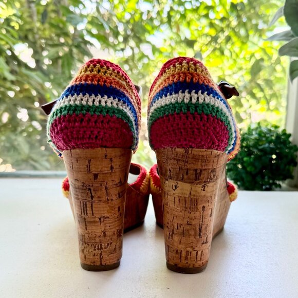 Mia Hannah Boho Rainbow Multi Color Crochet Ankle Strap Platform Cork Wedge - Picture 4 of 9
